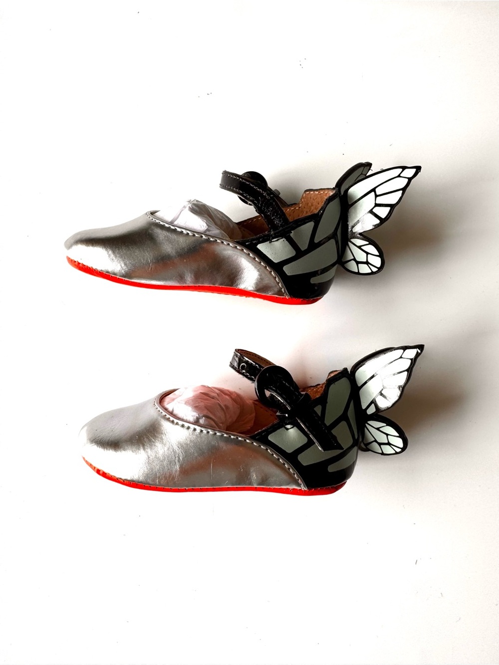🦋 Designer Sophia Webster Baby Silver Wing Shoes - Playful Metallic Ballet Flats